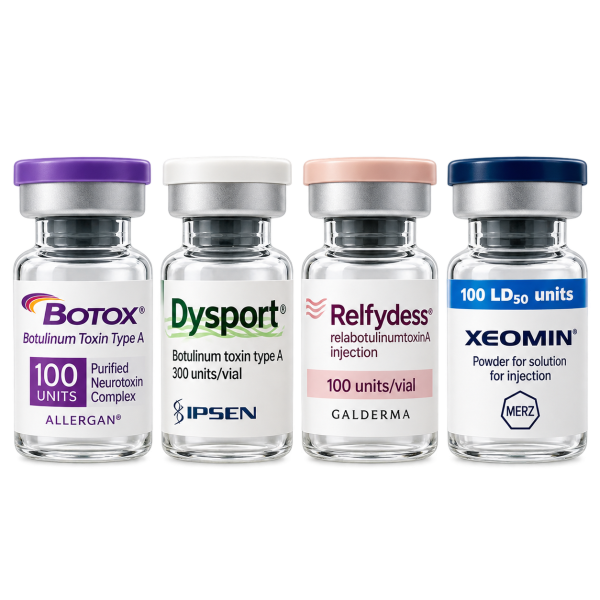 Botox-Dysport-Relfydess-Xeomin One bottle of each Botox, Dysport, Relfydess and Xeomin.